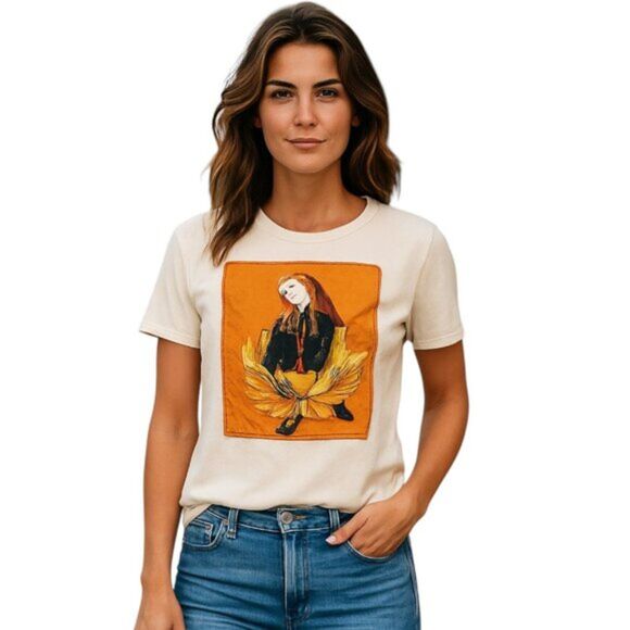 ZARA Basic Small Off-White Short Sleeve T-Shirt Orange Black Gold Female Picture - Picture 1 of 9